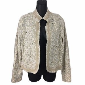 Chico’s Linen Beige Eyelet Open Jacket Size Medium 8